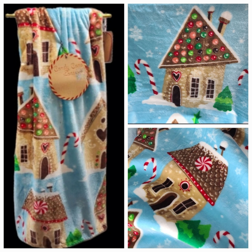 GINGERBREAD HOUSE Peppermint Candy Snowflake CHRISTMAS PLUSH THROW BLANKET New